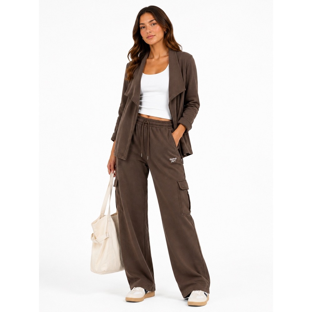 Reebok Cargo Sweatpant Women XL Brown Wide Leg Fleece Pockets Streetwear Loungie